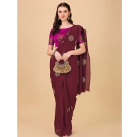 Women's Silk Blend Embroidered Saree With Unstitched Blouse 5.5Mtr (Brown) - Brown
