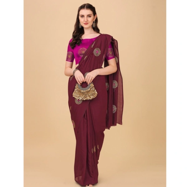 Women's Silk Blend Embroidered Saree With Unstitched Blouse 5.5Mtr (Brown) - Brown