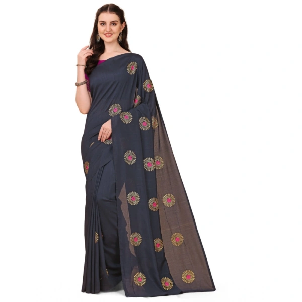 Women's Silk Blend Embroidered Saree With Unstitched Blouse 5.5Mtr (Black) - Black
