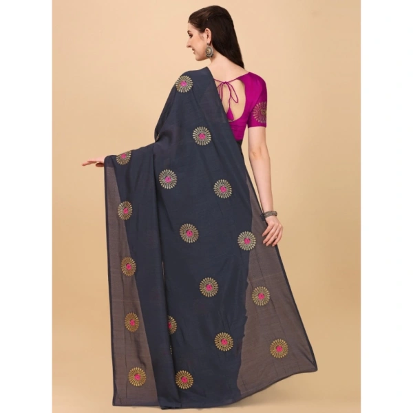Women's Silk Blend Embroidered Saree With Unstitched Blouse 5.5Mtr (Black) - Black