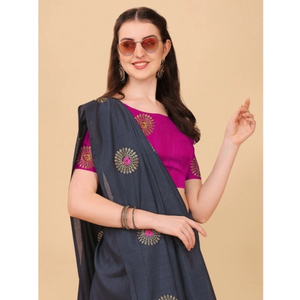 Women's Silk Blend Embroidered Saree With Unstitched Blouse 5.5Mtr (Black) - Black