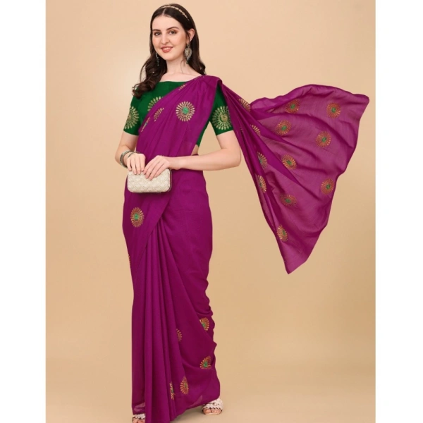 Women's Silk Blend Embroidered Saree With Unstitched Blouse 5.5Mtr (Purple) - Purple