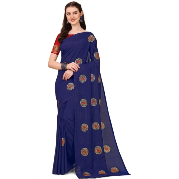 Women's Silk Blend Embroidered Saree With Unstitched Blouse 5.5Mtr (Blue) - Blue