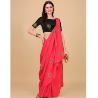 Women's Silk Blend Embroidered Saree With Unstitched Blouse 5.5Mtr (Pink) - Pink