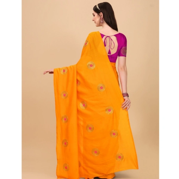 Women's Silk Blend Embroidered Saree With Unstitched Blouse 5.5Mtr (Yellow) - Yellow
