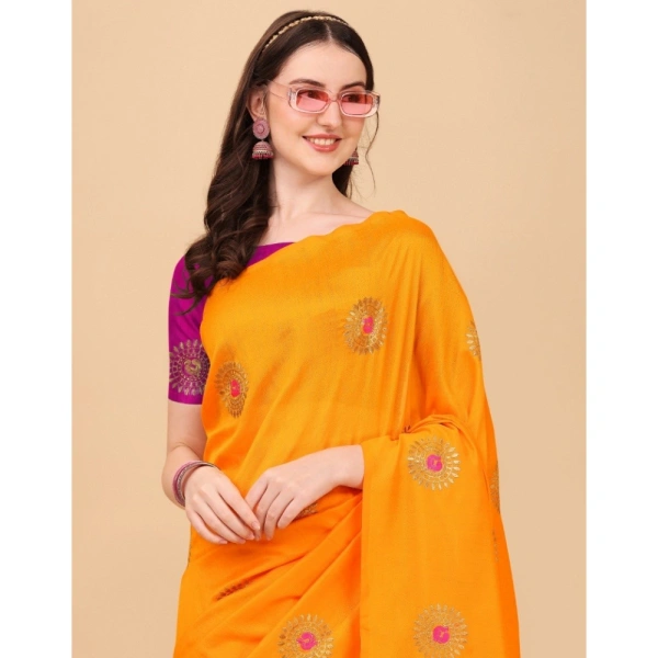 Women's Silk Blend Embroidered Saree With Unstitched Blouse 5.5Mtr (Yellow) - Yellow