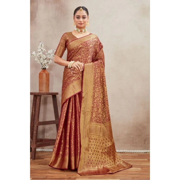 Generic Women's Silk Blend Floral Printed Saree With Unstitched Blouse 5.5Mtr (Brown) - Brown