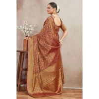 Generic Women's Silk Blend Floral Printed Saree With Unstitched Blouse 5.5Mtr (Brown) - Brown