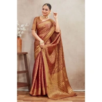 Generic Women's Silk Blend Floral Printed Saree With Unstitched Blouse 5.5Mtr (Brown) - Brown