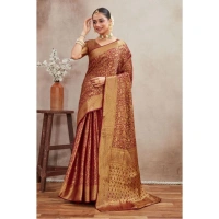 Generic Women's Silk Blend Floral Printed Saree With Unstitched Blouse 5.5Mtr (Brown) - Brown
