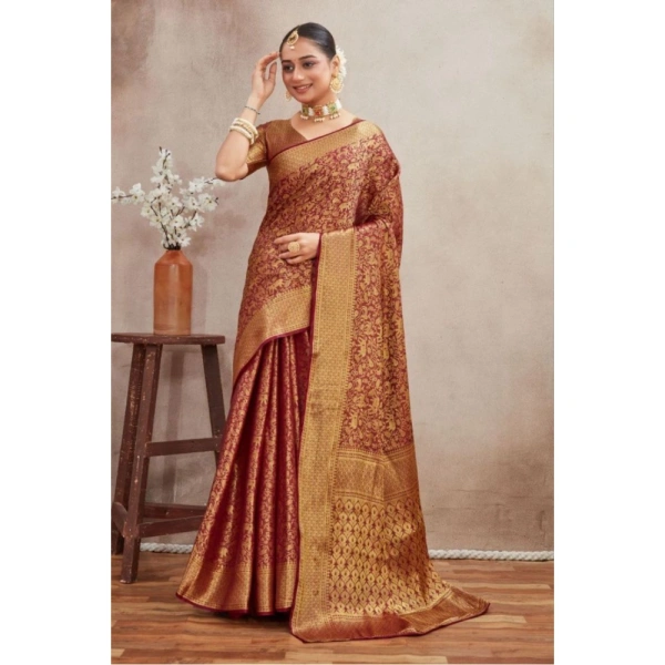 Generic Women's Silk Blend Floral Printed Saree With Unstitched Blouse 5.5Mtr (Brown) - Brown