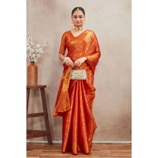 Generic Women's Silk Blend Floral Printed Saree With Unstitched Blouse 5.5Mtr (Red) - Red