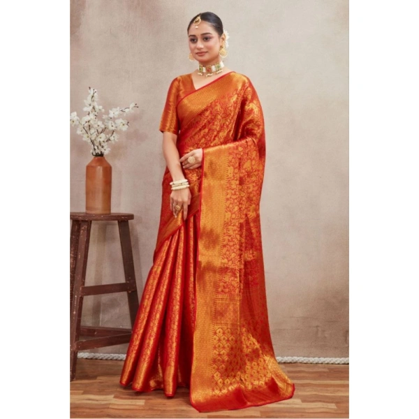 Generic Women's Silk Blend Floral Printed Saree With Unstitched Blouse 5.5Mtr (Red) - Red