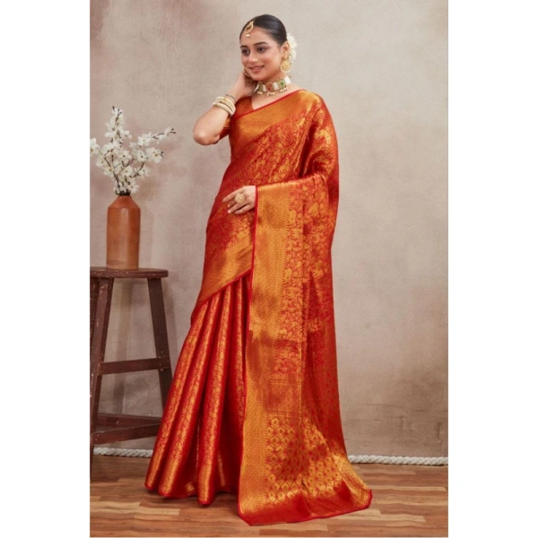 Generic Women's Silk Blend Floral Printed Saree With Unstitched Blouse 5.5Mtr (Red) - Red