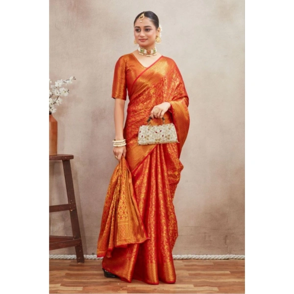 Generic Women's Silk Blend Floral Printed Saree With Unstitched Blouse 5.5Mtr (Red) - Red