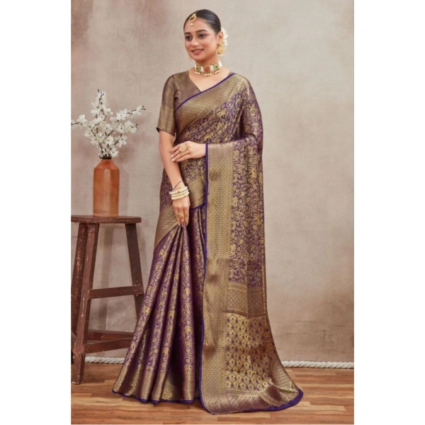 Generic Women's Silk Blend Floral Printed Saree With Unstitched Blouse 5.5Mtr (Navy Blue) - Navy Blue