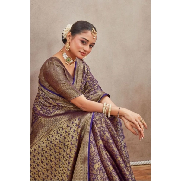 Generic Women's Silk Blend Floral Printed Saree With Unstitched Blouse 5.5Mtr (Navy Blue) - Navy Blue