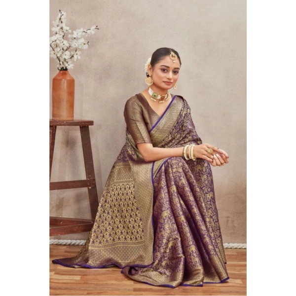 Generic Women's Silk Blend Floral Printed Saree With Unstitched Blouse 5.5Mtr (Navy Blue) - Navy Blue