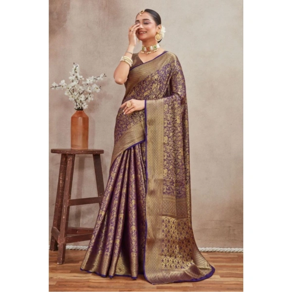 Generic Women's Silk Blend Floral Printed Saree With Unstitched Blouse 5.5Mtr (Navy Blue) - Navy Blue