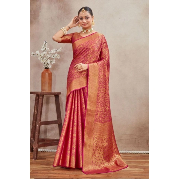 Generic Women's Silk Blend Floral Printed Saree With Unstitched Blouse 5.5Mtr (Pink) - Pink