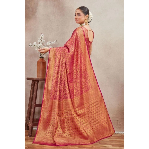 Generic Women's Silk Blend Floral Printed Saree With Unstitched Blouse 5.5Mtr (Pink) - Pink