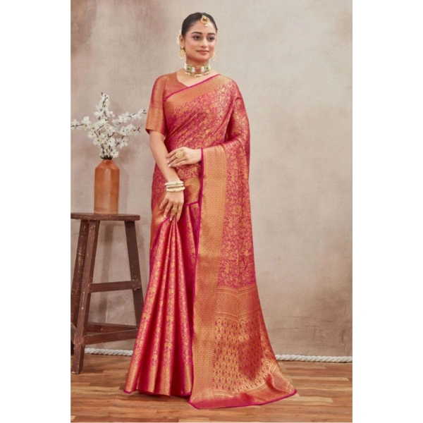 Generic Women's Silk Blend Floral Printed Saree With Unstitched Blouse 5.5Mtr (Pink) - Pink