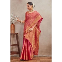 Generic Women's Silk Blend Floral Printed Saree With Unstitched Blouse 5.5Mtr (Pink) - Pink
