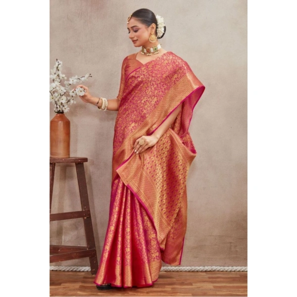 Generic Women's Silk Blend Floral Printed Saree With Unstitched Blouse 5.5Mtr (Pink) - Pink