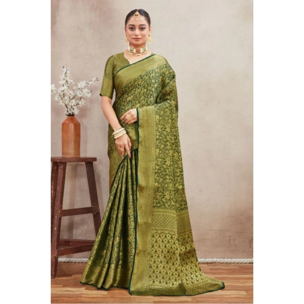 Generic Women's Silk Blend Floral Printed Saree With Unstitched Blouse 5.5Mtr (Green) - Green