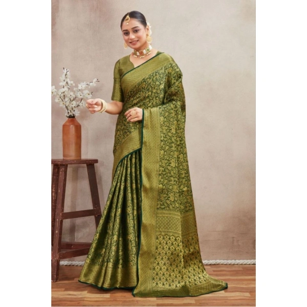 Generic Women's Silk Blend Floral Printed Saree With Unstitched Blouse 5.5Mtr (Green) - Green