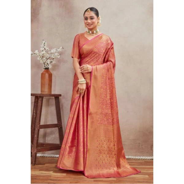 Generic Women's Silk Blend Floral Printed Saree With Unstitched Blouse 5.5Mtr (Peach) - Peach