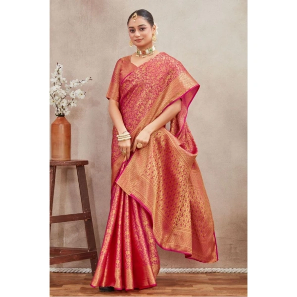 Generic Women's Silk Blend Floral Printed Saree With Unstitched Blouse 5.5Mtr (Peach) - Peach
