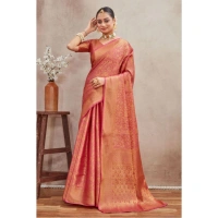 Generic Women's Silk Blend Floral Printed Saree With Unstitched Blouse 5.5Mtr (Peach) - Peach
