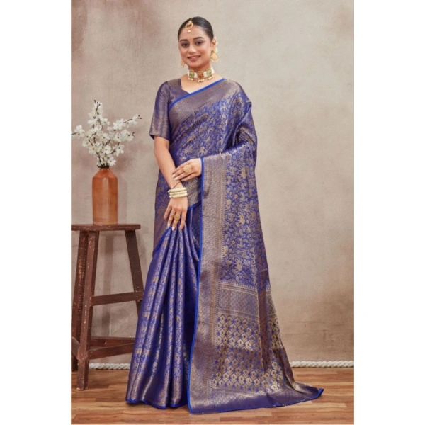 Generic Women's Silk Blend Floral Printed Saree With Unstitched Blouse 5.5Mtr (Royal Blue) - Royal Blue