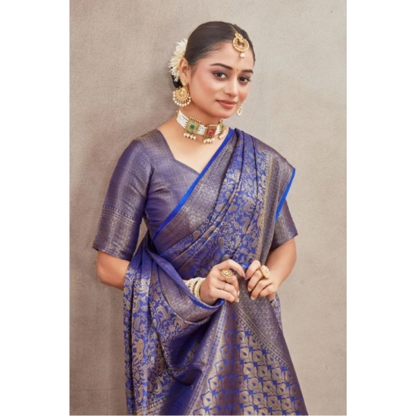 Generic Women's Silk Blend Floral Printed Saree With Unstitched Blouse 5.5Mtr (Royal Blue) - Royal Blue