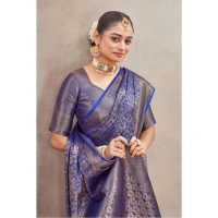 Generic Women's Silk Blend Floral Printed Saree With Unstitched Blouse 5.5Mtr (Royal Blue) - Royal Blue