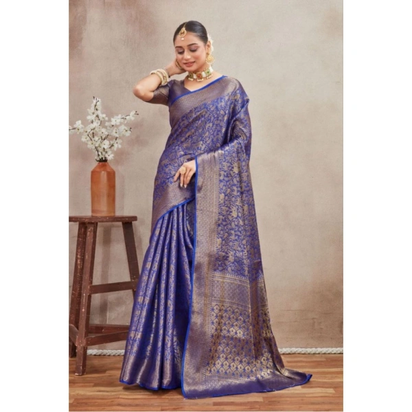 Generic Women's Silk Blend Floral Printed Saree With Unstitched Blouse 5.5Mtr (Royal Blue) - Royal Blue