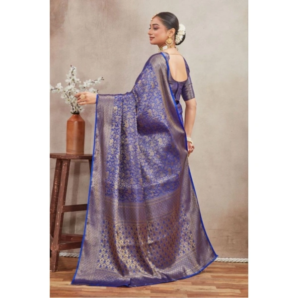 Generic Women's Silk Blend Floral Printed Saree With Unstitched Blouse 5.5Mtr (Royal Blue) - Royal Blue