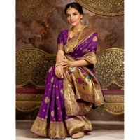 Women's Silk Blend Paithani Saree With Unstitched Blouse 5.5Mtr (Purple)