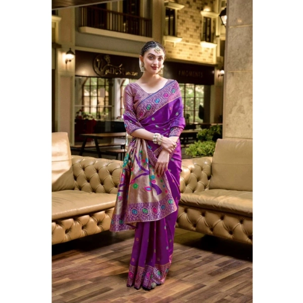 Women's Silk Blend Paithani Weaving Saree With Unstitched Blouse 5.5Mtr (Purple)