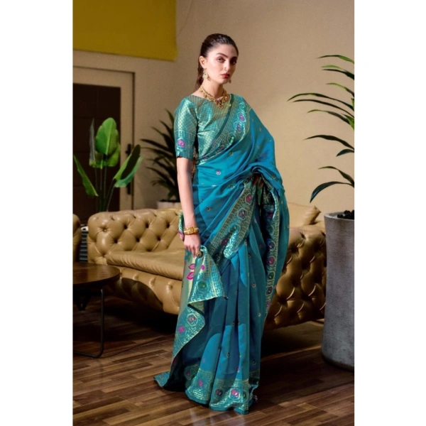 Women's Silk Blend Paithani Weaving Saree With Unstitched Blouse 5.5Mtr (Rama)