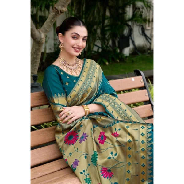 Women's Silk Blend Paithani Weaving Saree With Unstitched Blouse 5.5Mtr (Teal)