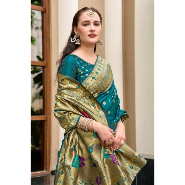 Women's Silk Blend Paithani Weaving Saree With Unstitched Blouse 5.5Mtr (Rama)