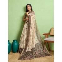 Women's Silk Blend Printed Saree With Unstitched Blouse 5.5Mtr (Cream)