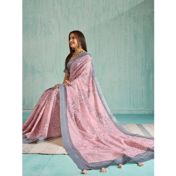 Women's Silk Blend Printed Saree With Unstitched Blouse 5.5Mtr (Pink)