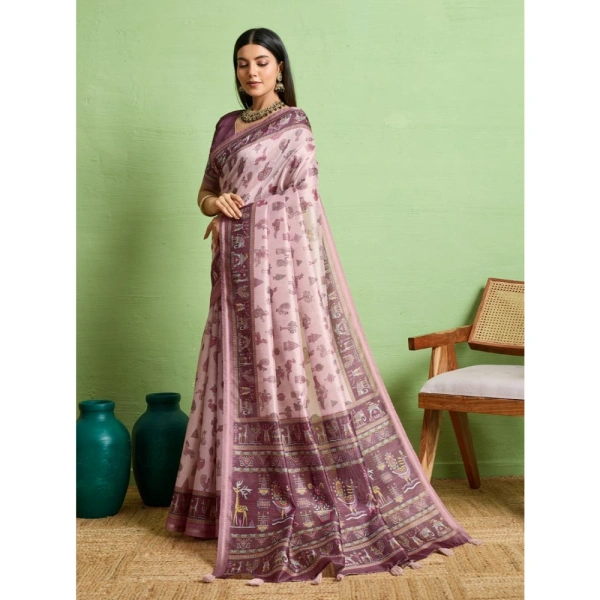Women's Silk Blend Printed Saree With Unstitched Blouse 5.5Mtr (Grey)