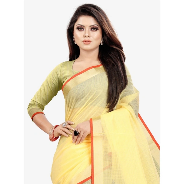 Women's Silk Blend Striped Saree With Unstitched Blouse 5.5Mtr (Yellow) - Yellow