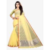 Women's Silk Blend Striped Saree With Unstitched Blouse 5.5Mtr (Yellow) - Yellow