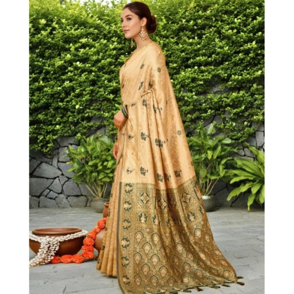 Women's Silk Blend Woven Paithani Saree With Unstitched Blouse 5.5Mtr (Cream)