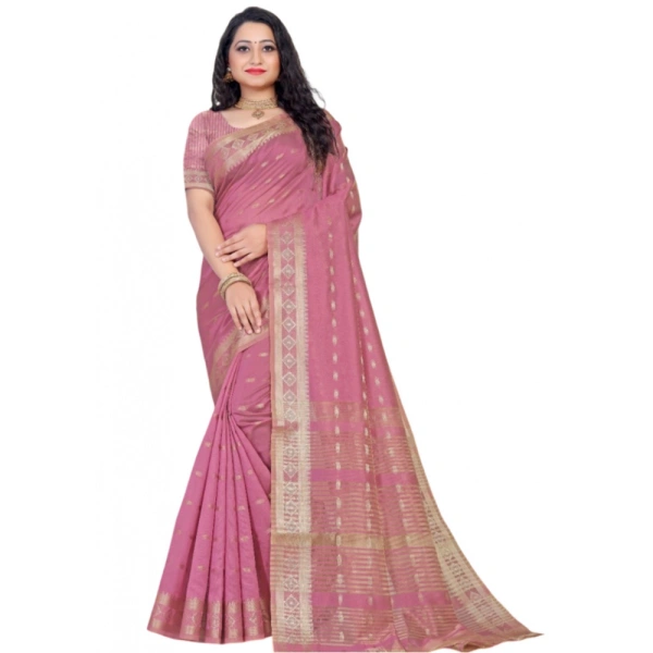 Women's Silk Blend Woven Saree With Unstitched Blouse 5.5Mtr (Pink) - Pink